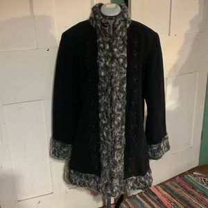 Vintge 80s-90s Anne Klein Faux-Fur-Trimmed Coat Embroidered Front Y2K Excel Cond